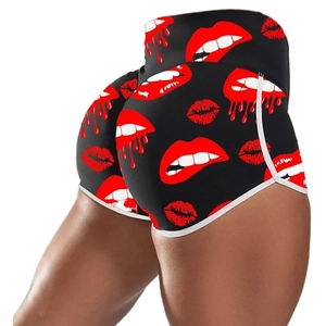 Women's high waisted black booty shorts featuring vibrant red lip prints and white trim