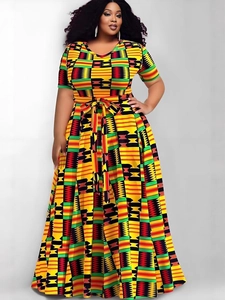 Short sleeve maxi dress with vibrant African print and waist tie belt for women