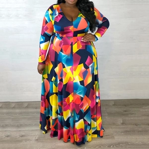 Detail of V-neck maxi dress featuring colorful geometric patterns and long sleeves