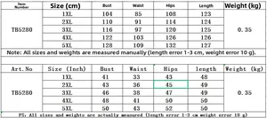 Detailed size chart for tie-dye jumpsuit in 1XL to 5XL with measurements in cm and inch