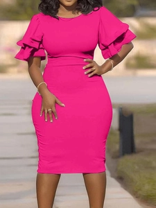 Detail of elegant fuchsia bodycon dress featuring layered ruffle sleeves and round neck