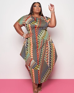 Detail of colorful geometric striped pattern on plus size short sleeve maxi dress