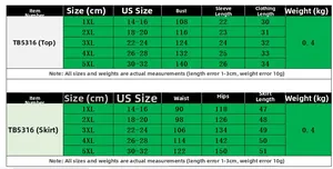 Size chart for plus size two-piece short sleeve top and pleated skirt set in US sizes