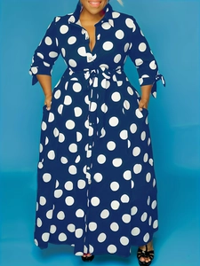 Navy blue long sleeve polka dot shirt dress with waist tie and pockets