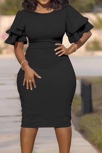 Detail of the elegant double layer ruffle sleeve on a black slim fit sheath dress
