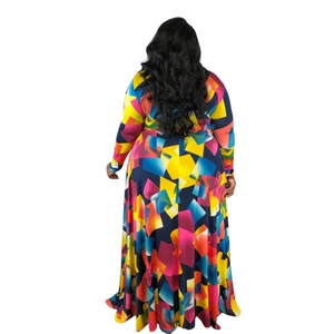 Women's plus size maxi dress with colorful geometric print and v-neck slimming silhouette