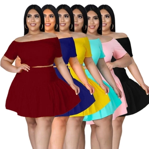 Women's Plus Size Off Shoulder Crop Top And High Waist Pleated Mini Skirt Suit Solid Color Casual Short Sleeve Summer Outfit