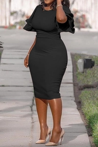 Detail of elegant black bodycon dress featuring multi-layered ruffle trumpet sleeves
