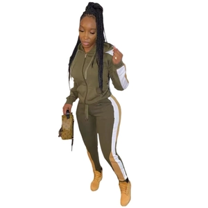 Women's army green tracksuit set featuring hooded zip jacket and side striped leggings