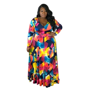 Detail of V-neck long sleeve maxi dress with vibrant geometric abstract prints and belt