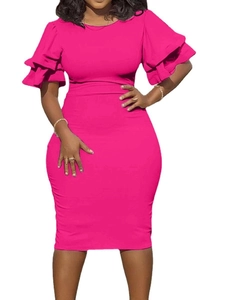 Detail of layered ruffle bell sleeves on a slim fit bodycon dress in rose red