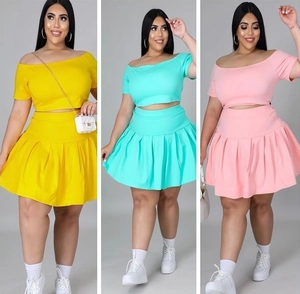 Short sleeve crop top and high waist pleated skirt set in yellow, cyan, and pink