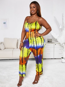 Detail of vibrant yellow and blue tie-dye printed sleeveless jumpsuit for women