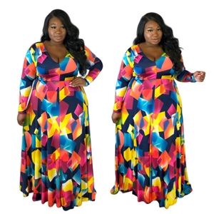 Plus Size Women V Neck Long Sleeve Geometric Print Maxi Dress With Belt Casual Loose Big Hem Long Party Vacation Dresses