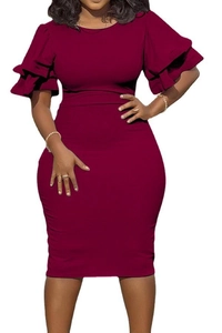 Detailed view of the double-layered ruffle sleeves on the burgundy slim-fit pencil dress