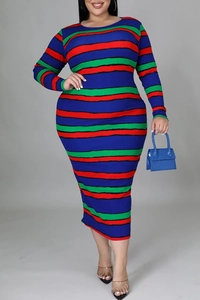 Detail of colorful striped plus size dress showing long sleeves and bodycon fit