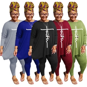 Women Plus Size Top And Leggings Suit Faith Cross Print Round Neck Long Sleeve Tunic Casual Fashion Outfit