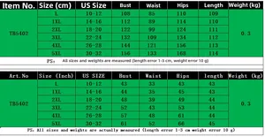 Size chart for women's plus size floral dress TB5402 showing L-5XL in cm and inches