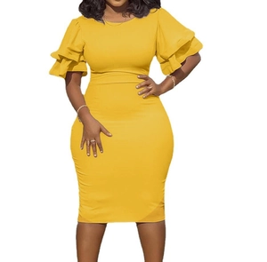 Detail of multi-layer ruffled short sleeves on a slim fit yellow pencil dress