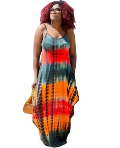 Close-up of vibrant orange and red tie-dye pattern on a loose sleeveless maxi dress