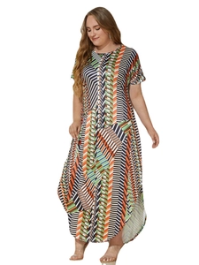 Detail view of plus size dress with colorful geometric patterns and irregular hemline