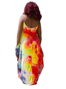 Back view of loose sleeveless tie-dye maxi dress with pockets and thin straps