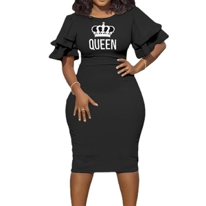 Detail of the ruffle layer sleeves and QUEEN crown print on black slim-fit bodycon dress