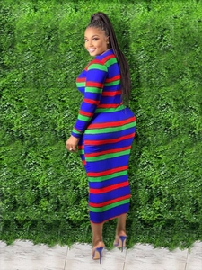 Detail of long sleeve bodycon dress with colorful stripes and rib-knit texture