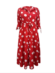 Close-up of red polka dot shirt dress featuring lapel collar and button-down front