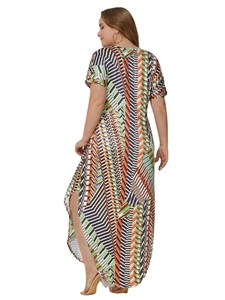 Detail of high side slit and colorful geometric print on short sleeve maxi dress