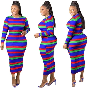 Detailed views of a long-sleeve bodycon maxi dress with bold blue, red, and green stripes