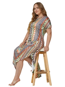Macro detail of plus size short sleeve dress featuring geometric print and side slit