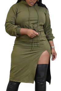 Detail of army green hoodie dress featuring drawstring waist and side slit design