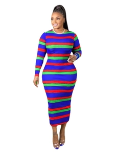 Detail showing high-stretch ribbed knit texture on a colorful striped maxi dress