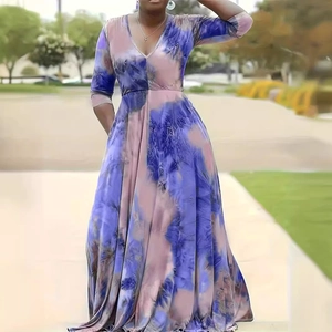 Robe longue chic à col en V et imprimé tie-dye bleu et violet avec manches longues