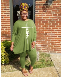 Close-up of Faith cross print on olive green long sleeve two-piece tracksuit set