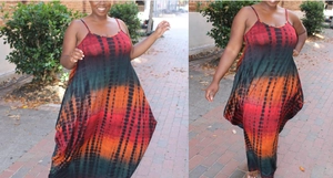 Detail view of plus size summer maxi dress with horizontal tie-dye gradient and thin straps