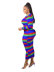 Side view of a slim fit long sleeve maxi dress featuring vibrant colorful horizontal stripes