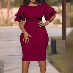 Elegant slim fit wine red sheath dress with ruffle layered sleeves for office wear