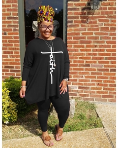 Detail of plus size long sleeve top with faith cross print and matching pants