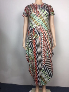 Detail of colorful geometric stripe print on short sleeve slim fit long dress