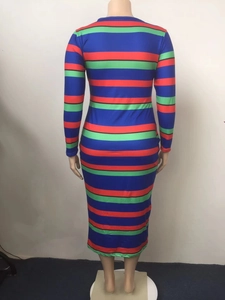 Rear view of long sleeve bodycon dress featuring blue red and green horizontal stripes