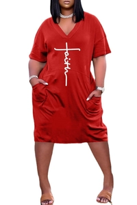 Detail of red V-neck plus size dress with faith cross print and functional pockets