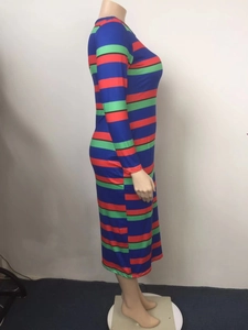 Detail view of colorful striped bodycon dress showing side profile and knit fabric texture