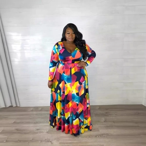 Women's plus size V-neck maxi dress with colorful geometric print and belted waist design