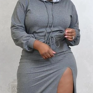 Women Plus Size Hoodie Dress Casual Solid Color Long Sleeve Drawstring Side Slit Athleisure Midi Dress Long Top