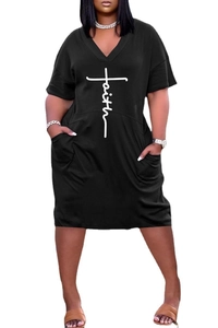 Detail of V-neck black maxi dress featuring faith cross print and functional side pockets