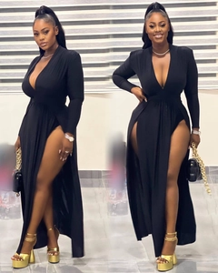 Detail view of a sexy black V-neck long-sleeve dress with high thigh-slit and slim fit