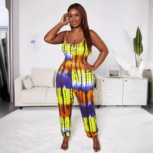 Women Plus Size Tie-Dye Spaghetti Strap Jumpsuit Sleeveless Slim Fit Back Zipper High Waist Long Pants Romper Casual Jumpsuit