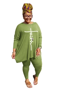 Detailed front view of green two-piece lounge set with white faith cross print detail
